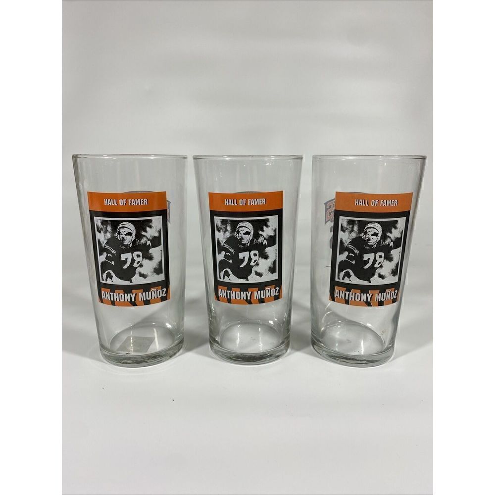 Vintage Cincinnati Bengals Hall of Famer Anthony Munoz 16oz drinking glass set 3